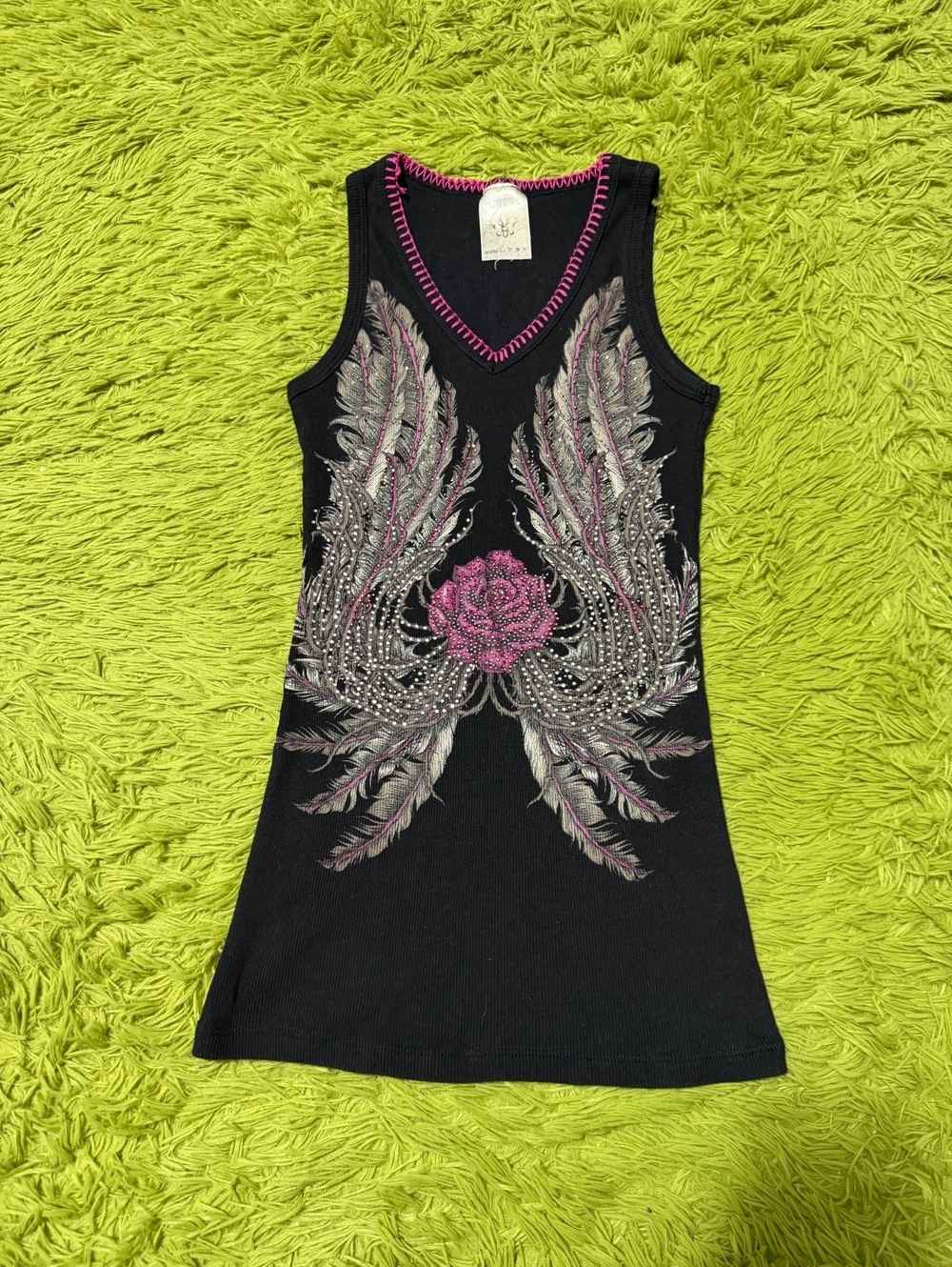 Vocal Y2K Style Black Embellished Angel Wings Tank Top Cyber Grunge Bling Medium